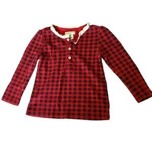 18M Ralph Lauren Baby Red Black Checked Shirt Tip Ruffled Collar Long Sleeve